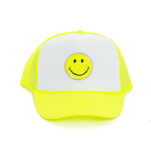 Sequin Smiley Trucker Hat in Neon Yellow