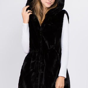 Faux Fur Hooded Vest in Black