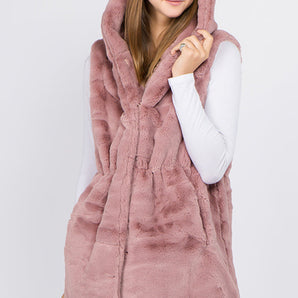 Faux Fur Hooded Vest in Dusty Pink