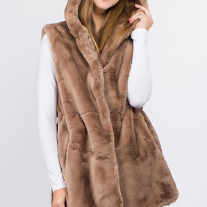 Faux Fur Hooded Vest in Tan