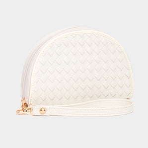 Vegan Leather Basket Weave Half Moon Wallet in Ivory