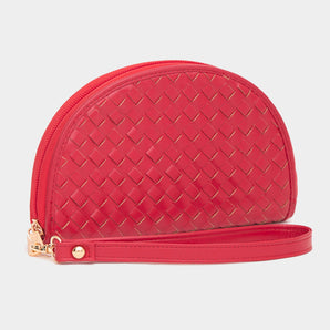 Vegan Leather Basket Weave Half Moon Wallet in Red