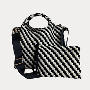 Lily Woven Neoprene Tote with Pouch: Black/Ecru