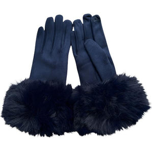 Faux Fur Trim Gloves in Navy