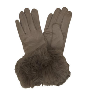 Faux Fur Trim Gloves in Taupe