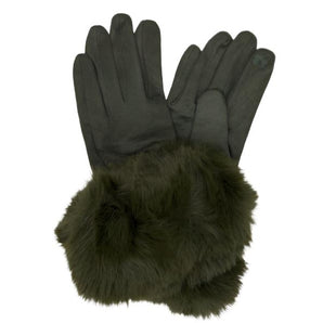 Faux Fur Trim Gloves in Olive