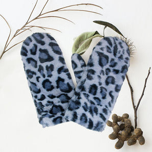 Faux Leopard Fur Mittens in Grey