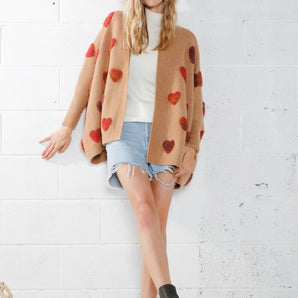 Heart Cardigan Camel/Red Ombre