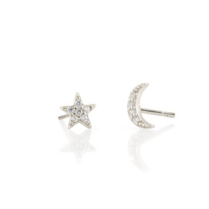 Star and Moon Pave Studs - Silver