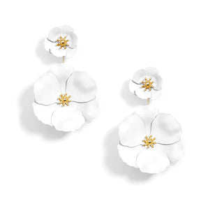 Double Flower Drop Earring in White