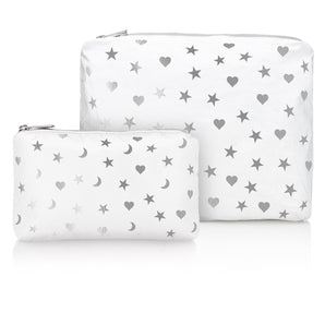 Shimmer White with Heart, Moon and Stars Pouches